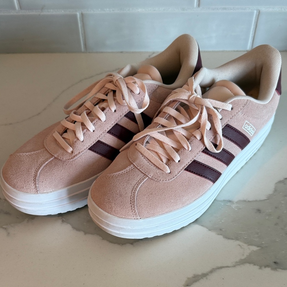 adidas Girls Pink Sneakers with Maroon Stripes